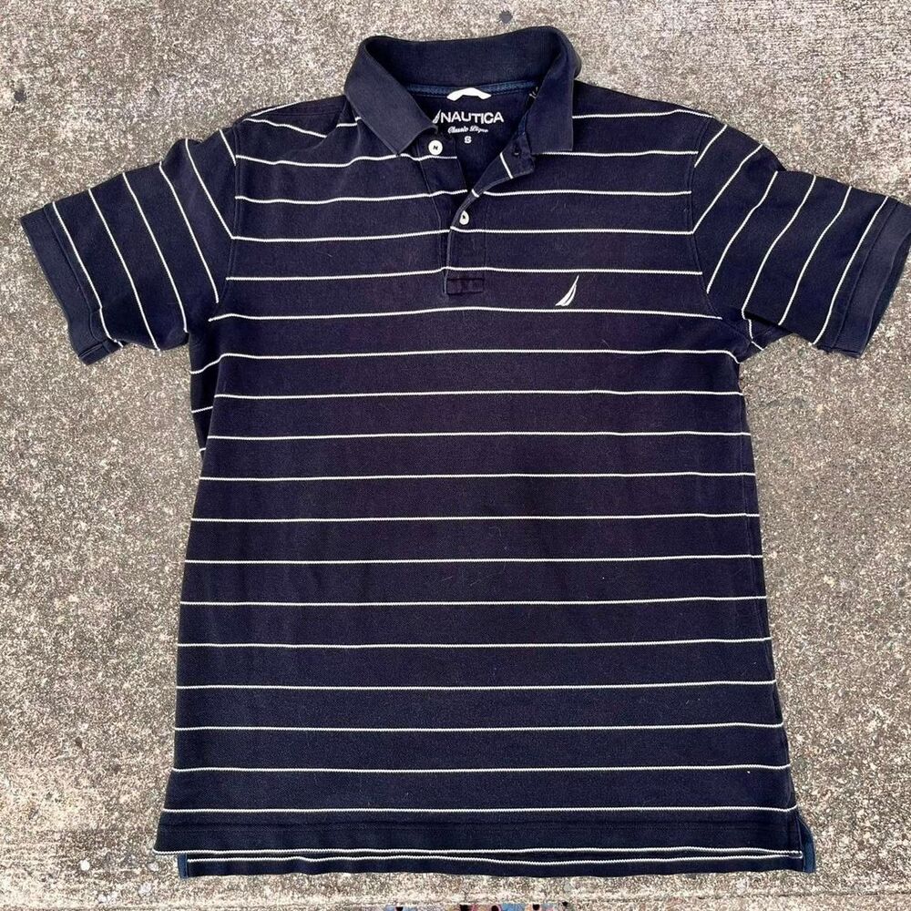 Vintage Nautica Men Small Polo Shirt Black White Logo Preppy Cape Cod Vibes